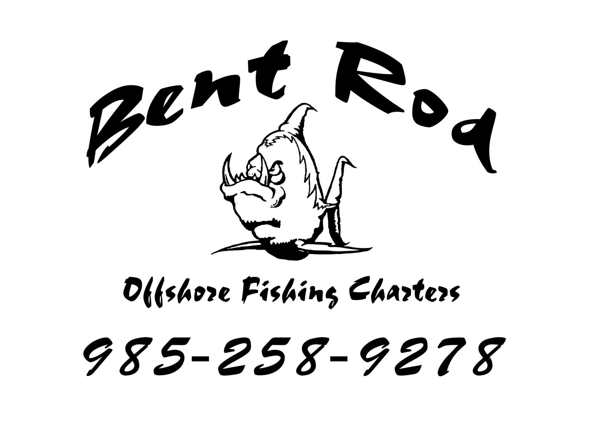 Logo for Bent Rod Offshore Fishing Charters with a cartoon fish graphic and phone number 985-258-9278.