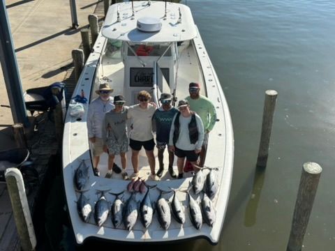 A group of seven people stand on a boat deck next to a large catch of tuna, docked at a pier.
