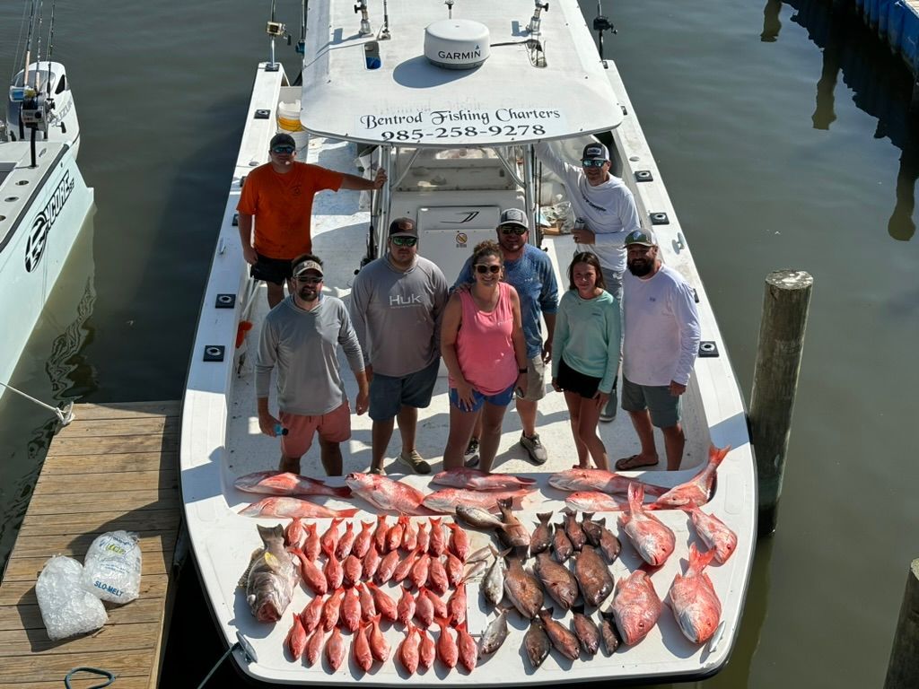 A group of people stand on a boat with a large catch of fish spread out on the deck at a marina dock.