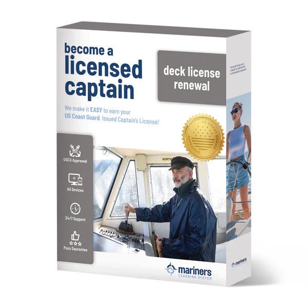 Deck license renewal box with captain at boat helm and gold seal badge