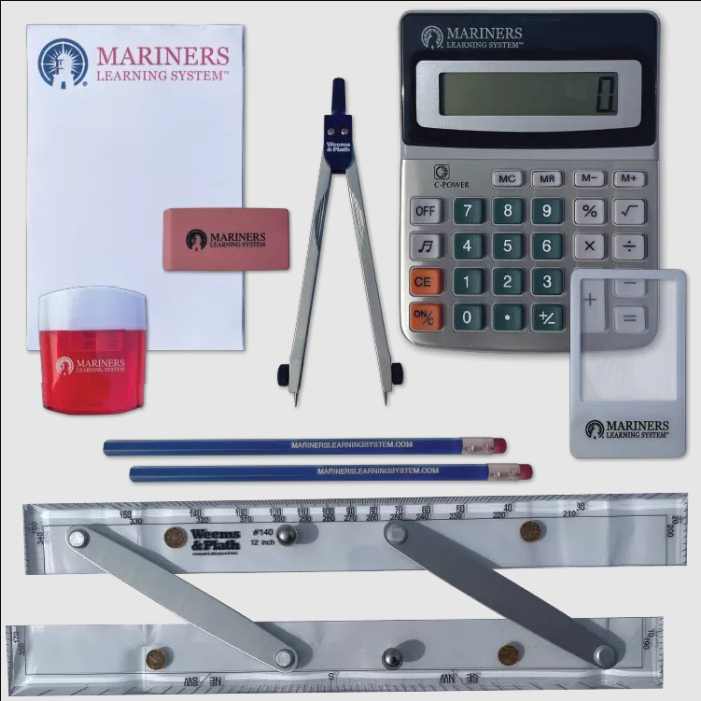 Mariners Learning System math kit with calculator, compass, pencils, eraser, ruler, and triangle tools