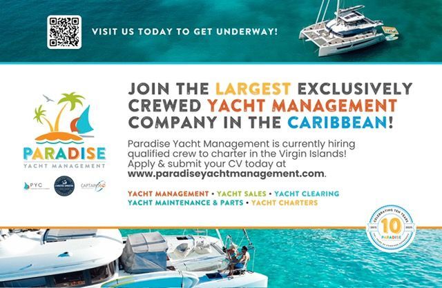 Paradise Yacht Management ad with yachts, marina water, and bold text about crewed yacht management in the Caribbean