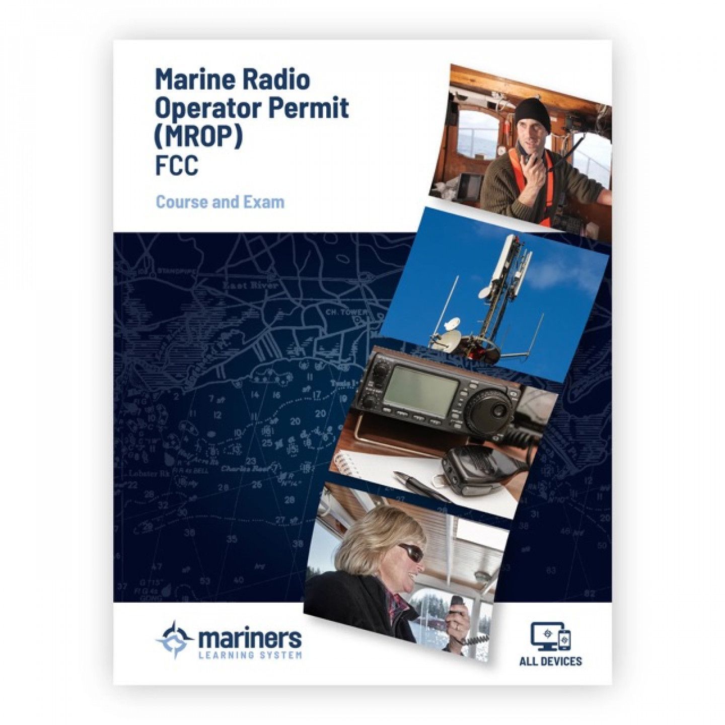 Marine Radio Operator Permit (MPRO) FCC course and exam cover with maritime radio photos