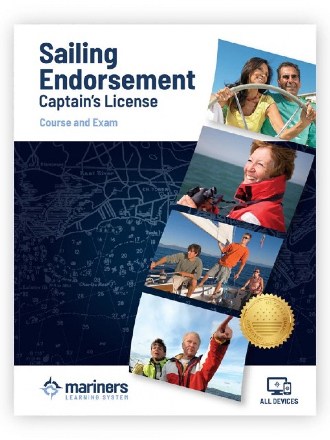Sailing Endorsement Captain’s License course and exam book cover with sailing photos and nautical chart background
