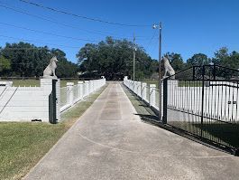 A long driveway leading to a house with a white picket fence and a gate.