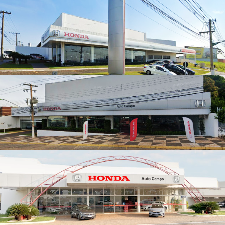 Três fachadas de concessionárias Honda com prédios brancos, logotipos vermelhos da Honda e carros estacionados.