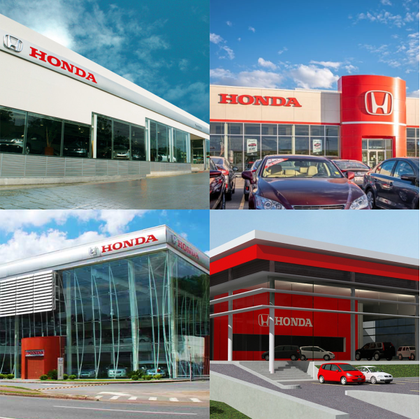 Quatro vistas do exterior de uma concessionária Honda com a marca em vermelho e branco e carros estacionados.