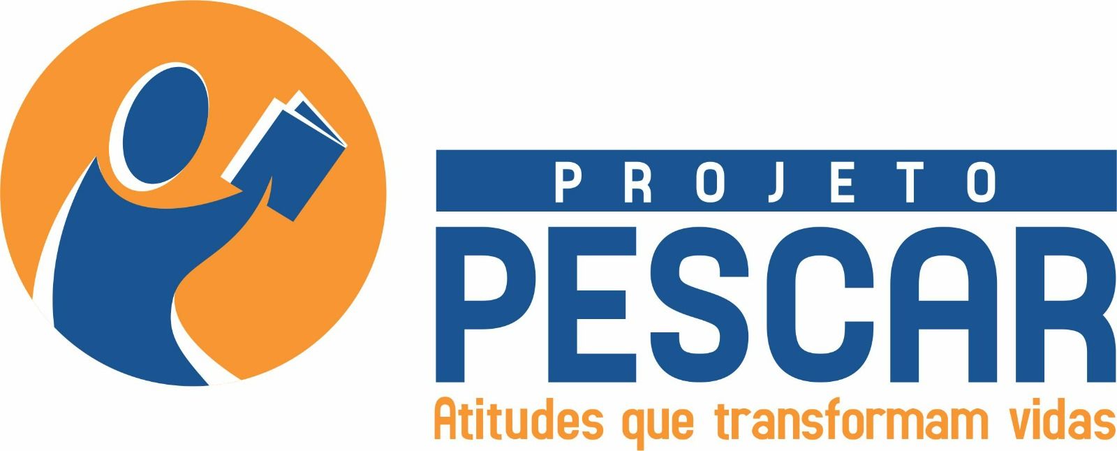 Logo do Projeto Pescar em azul e laranja, com a frase “Atitudes que transformam vidas”.