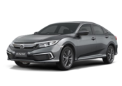 Sedan Honda cinza sobre fundo branco, visto de frente em perspectiva de três quartos.