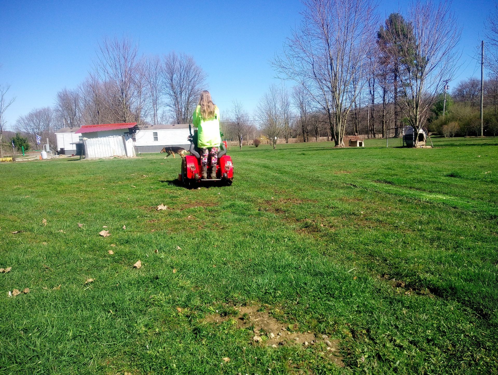 A woman is riding a standing lawn mower in a grassy field.