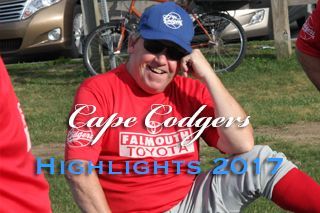 A person wearing a blue cap, sunglasses, and a red Falmouth Toyota t-shirt smiles while outdoors. Text reads: Cape Codgers.