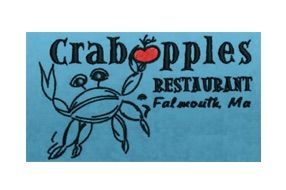 Logo for Crabapples Restaurant in Falmouth, MA, featuring a  crab holding a red apple on a blue background.