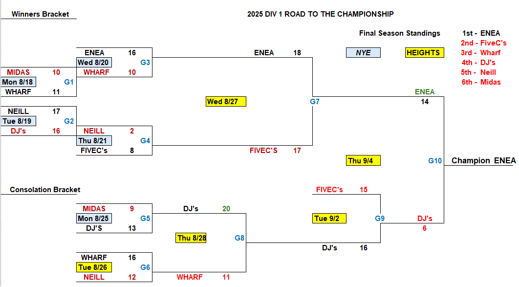A tournament bracket for the 2025 D1 Playoffs, displaying team matchups, scores, and progression toward the Championship.
