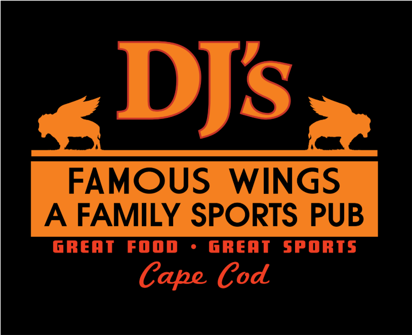 Logo for DJ's Famous Wings, a Cape Cod family sports pub, featuring orange text and winged buffalo on a black background.