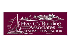 Logo for Five C's Building Associates featuring a sailboat, house, and trees in white line art on a maroon background.