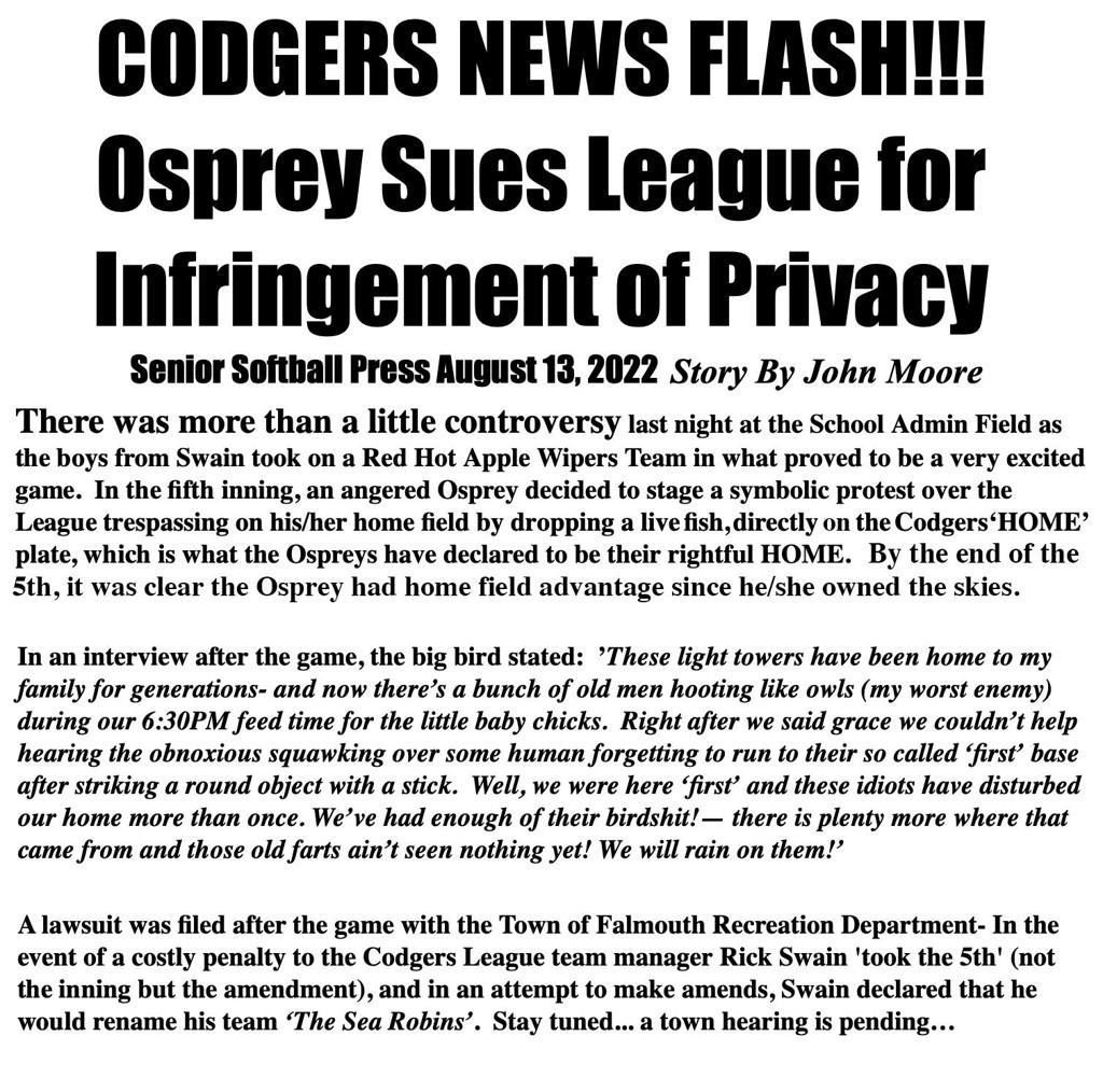 A humorous news article reporting on an osprey disrupting a senior softball game and filing a lawsuit against the league.