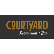 Logo for Courtyard Restaurant + Bar with gold stylized lettering on a black background.