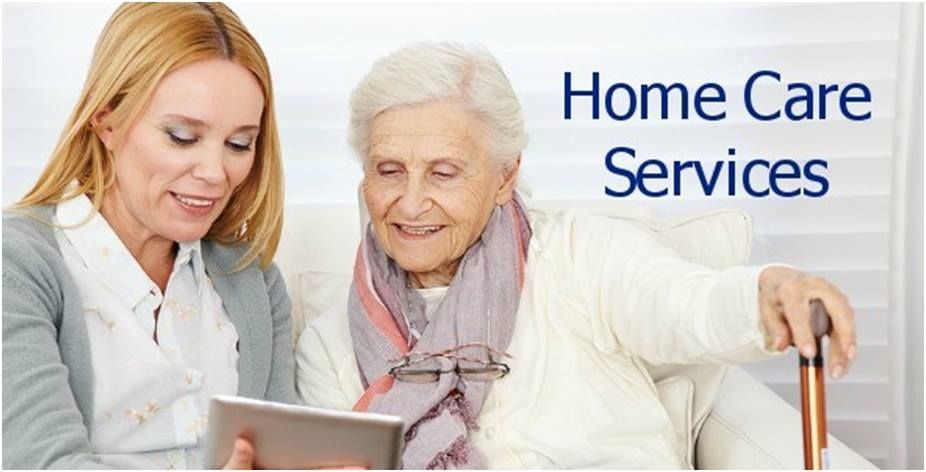 Home care worker assisting an elderly client, with “Home Care Services” text on the right