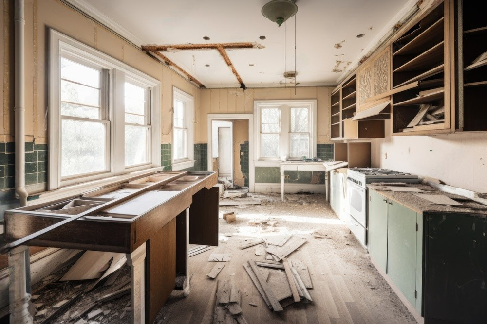a kitchen in an abandoned house that is being remodeled .