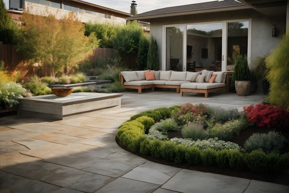 a patio with a sectional couch in the middle of it