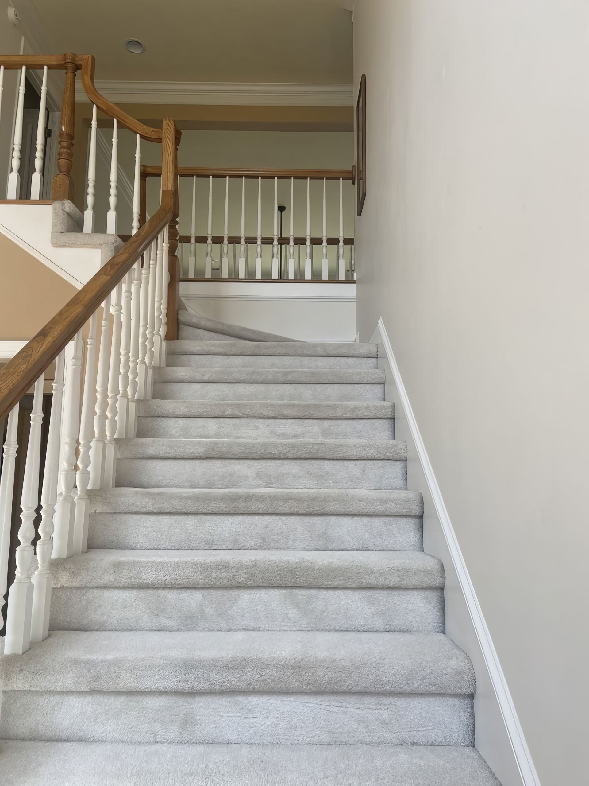 Carpeted staircase with white banisters leading up to an upper hallway.