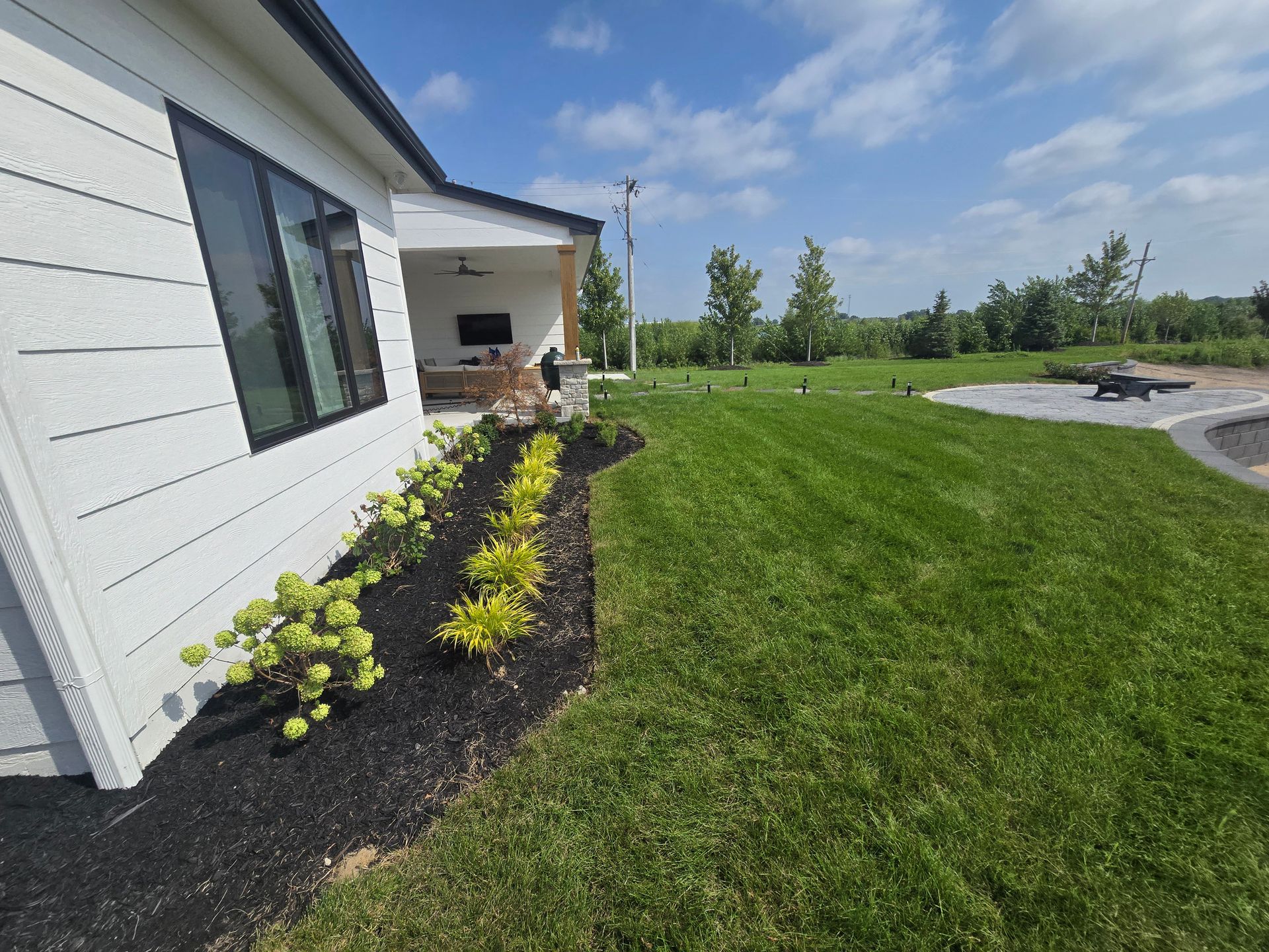 A modern white house with a lawn and landscaping, black mulch beds with green and yellow plants.