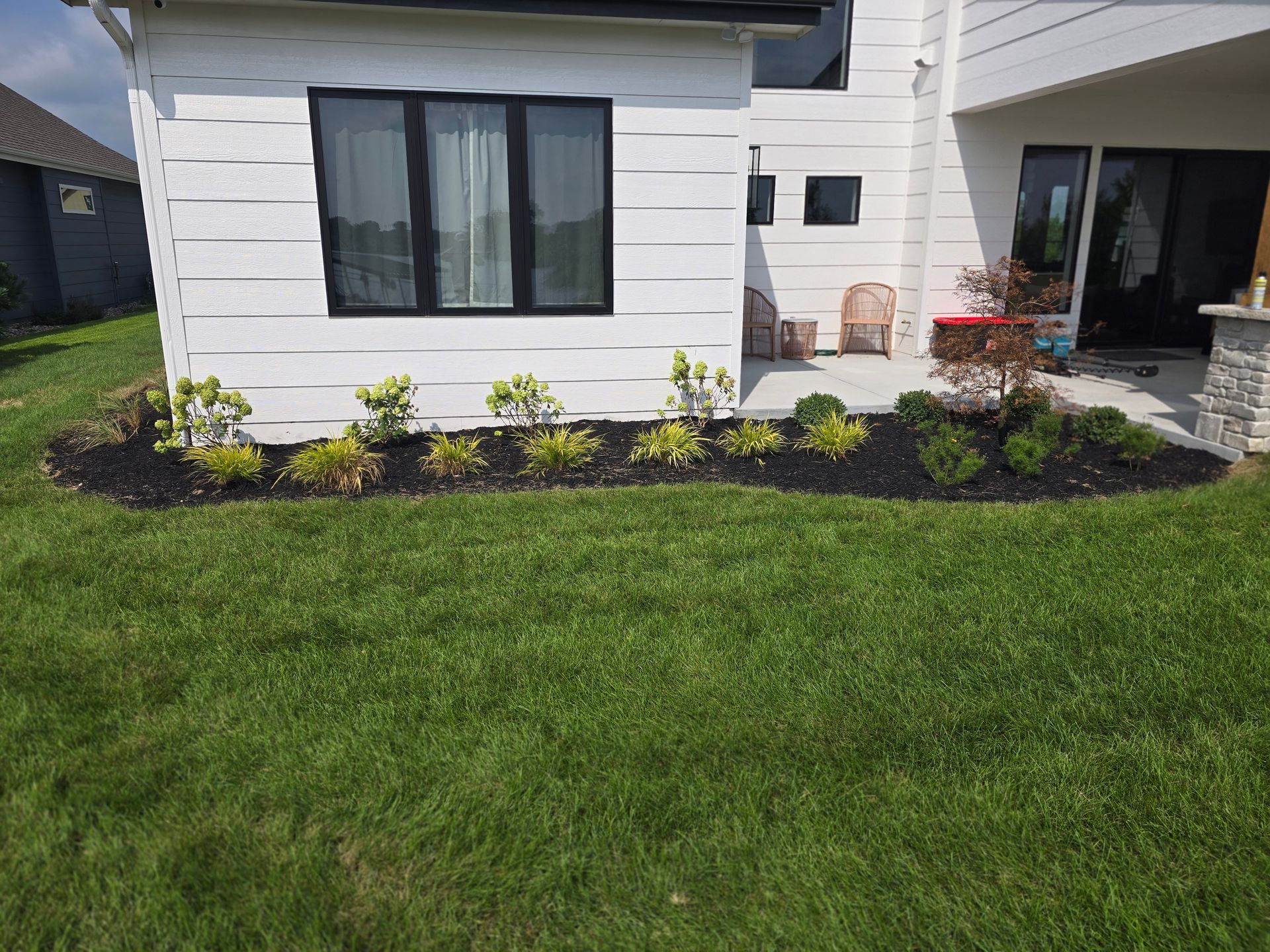 A house with a white exterior, black window frame, and a garden bed with green plants and black mulch.