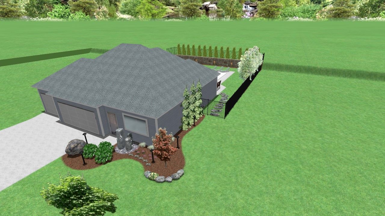 An aerial view of a house in the middle of a lush green field.