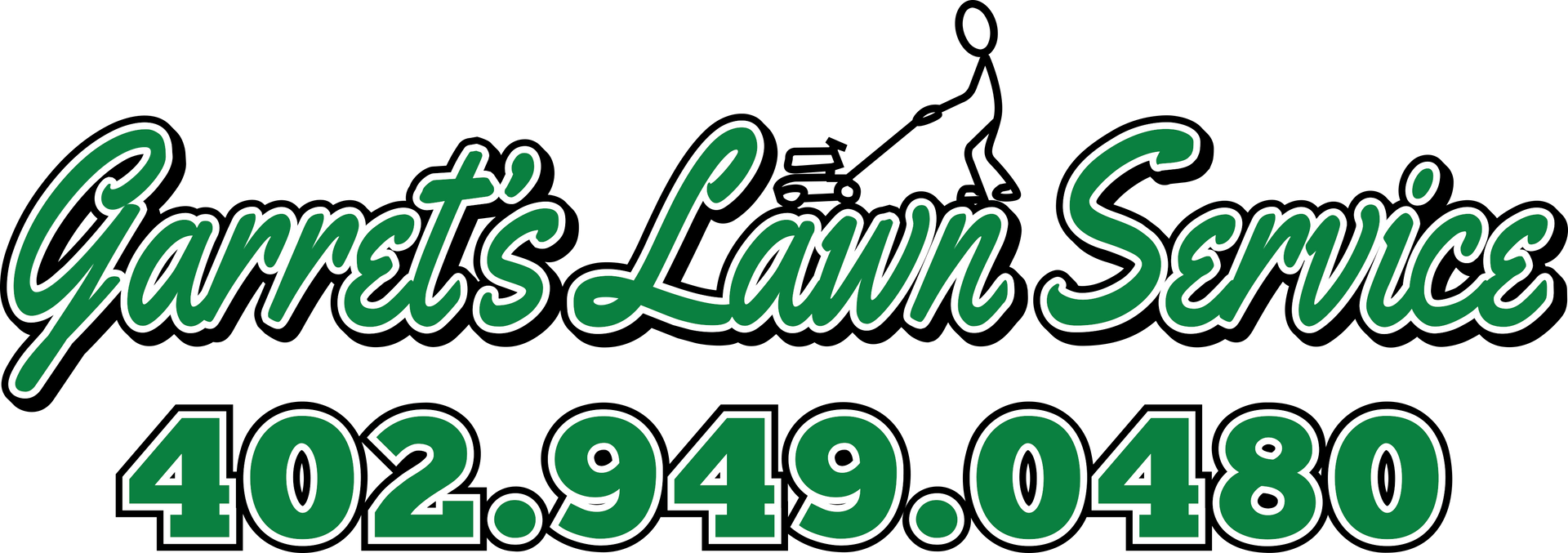 The logo for garrett 's lawn service shows a person holding a lawn mower.