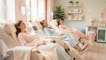 Three people sit in reclining chairs in a bright, modern clinic, receiving IV therapy with expressions of relaxation.