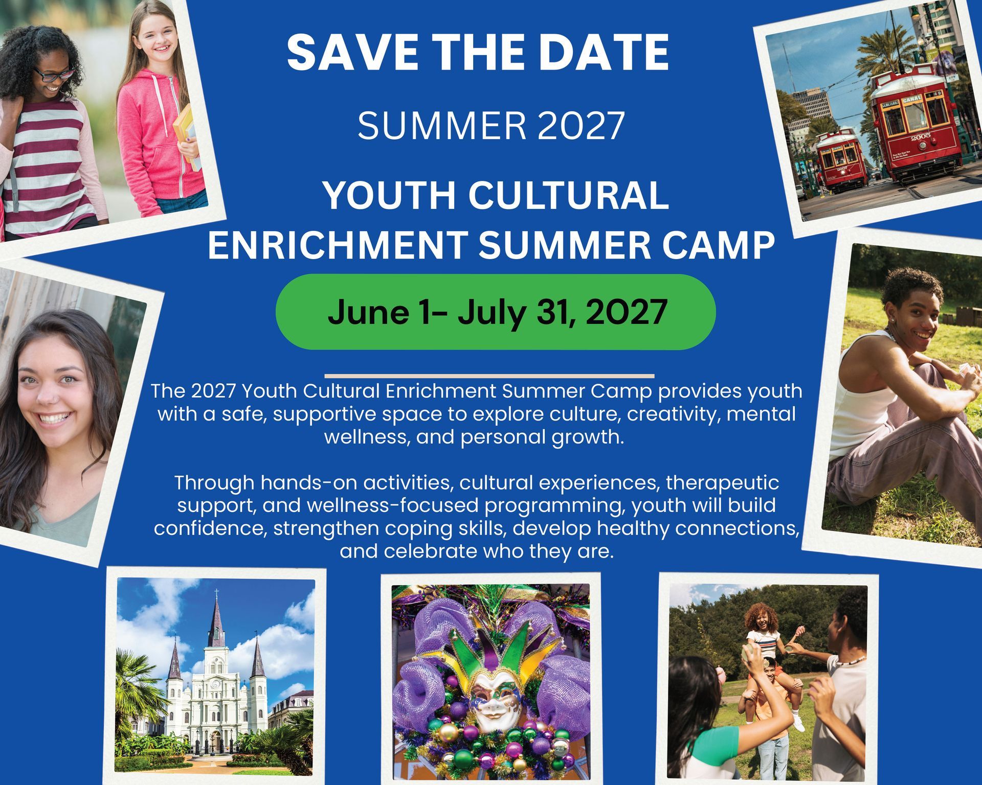 Save the date for Summer 2027 youth cultural enrichment summer camp, June 1–July 31, 2027.