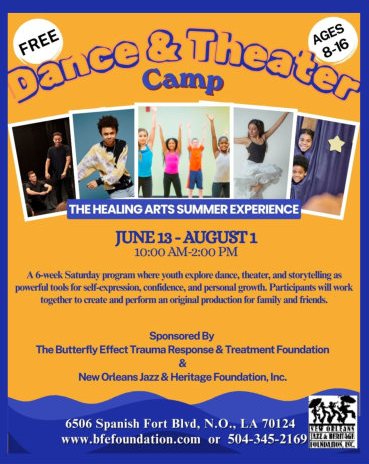 Dance & Theater Camp flyer with orange background, photos of performers, and June 13–August 1 dates