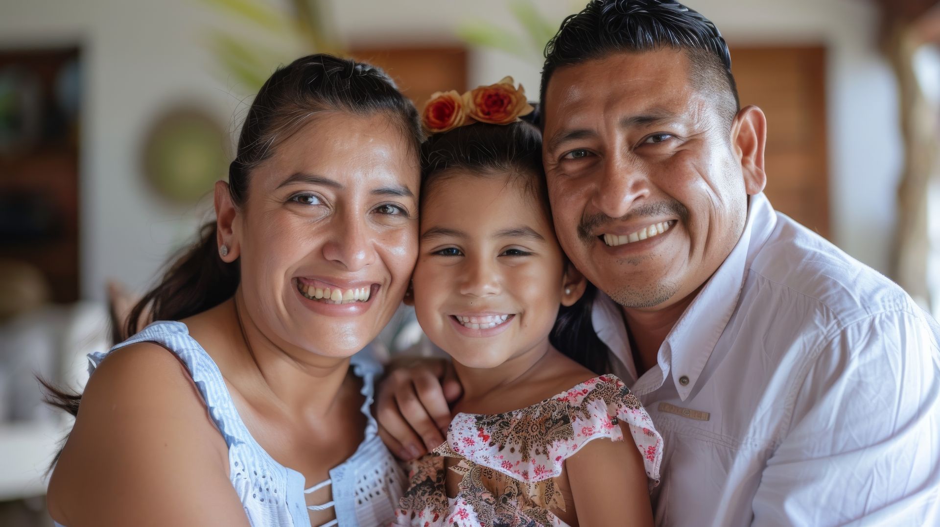 A family of three smiling warmly while huddled close together in a softly lit indoor setting.