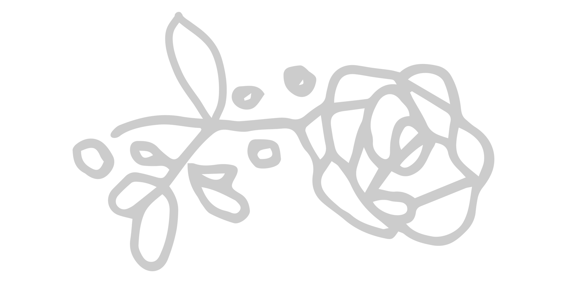 A simple, light gray line drawing of a rose on a stem with small leaves and berries on a white background.