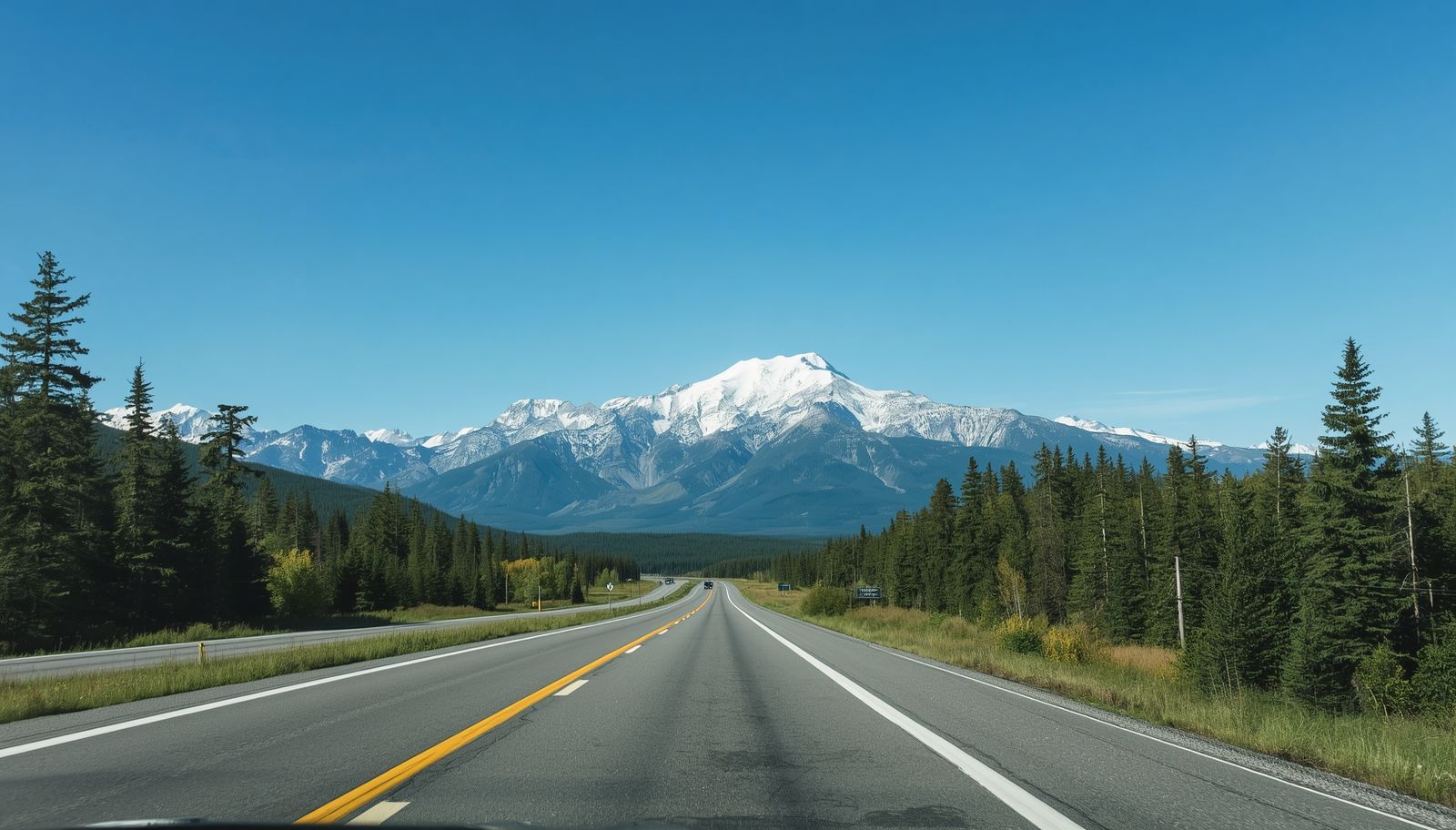 Scenic drive from Anchorage to Wasilla, Alaska, with snow-covered mountains and evergreen forests.