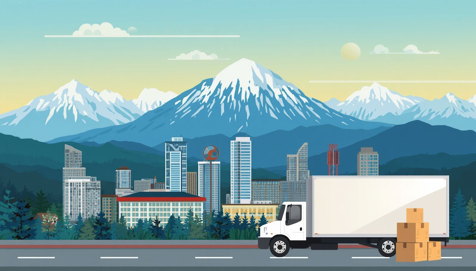 Moving truck with Anchorage skyline and Alaska mountain backdrop