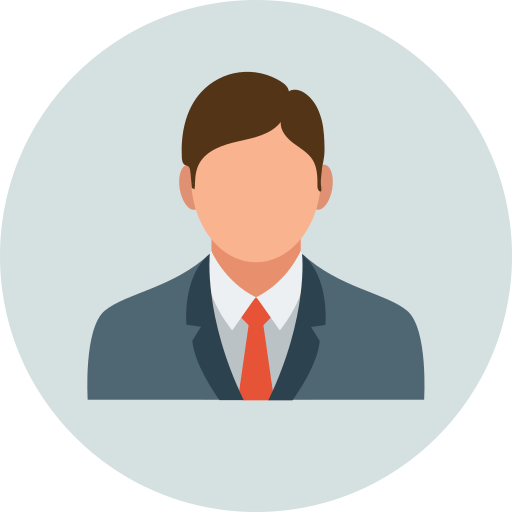 Illustrated business avatar in a suit and tie on a light gray circular background