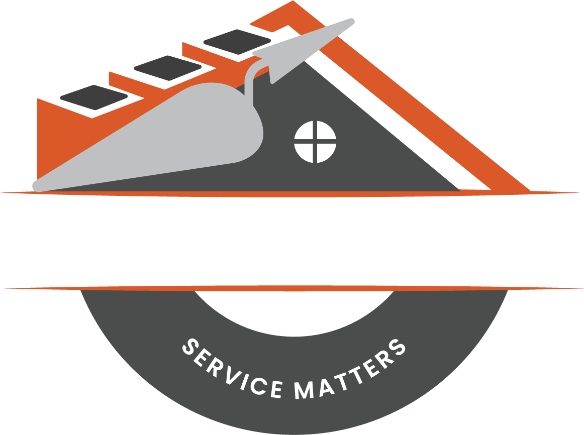 Stylized house roof logo in gray and orange with “SERVICE MATTERS” text on a dark semicircle