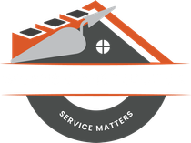 Stylized house roof logo in gray and orange with “SERVICE MATTERS” text on a dark semicircle