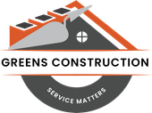 Greens Construction logo with orange-gray roof and black text, “Service Matters” on a curved banner