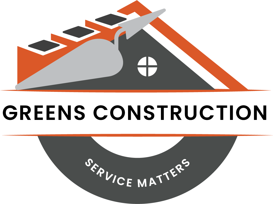 Greens Construction logo with orange-gray roof and black text, “Service Matters” on a curved banner