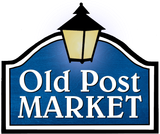 A blue sign that says old post market on it