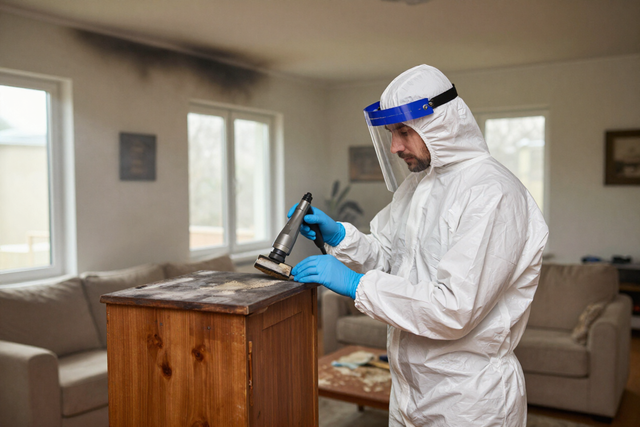 Person in white protective suit disinfecting a wooden cabinet in a living room.