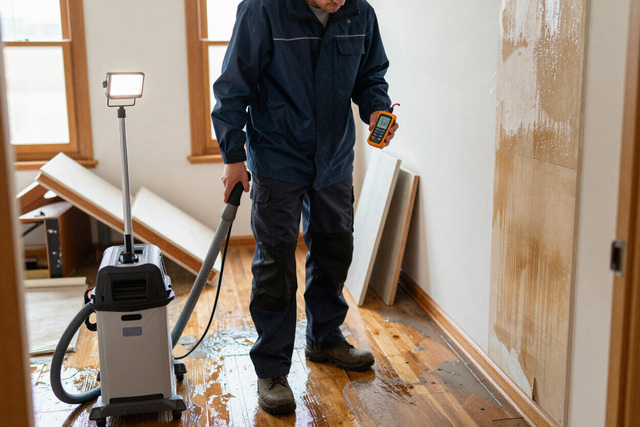 Worker using a floor buffer to restore a hardwood floor in a room with windows and tools leaning against the wall