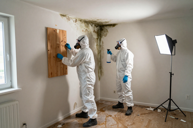 Two workers in white protective suits inspecting mold damage in a room under bright work lights