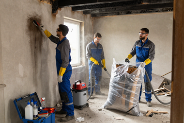 Three workers in blue uniforms cleaning a dusty room during renovation, one holding a trash bag.