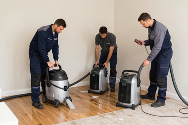 Three workers using floor-cleaning machines on a wet wood floor indoors