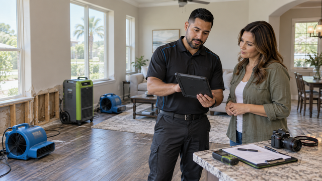 Two technicians reviewing a tablet in a bright room with HVAC equipment and tools nearby