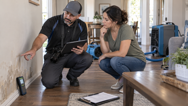 Two people crouch in a living room, inspecting a tablet and a floor area near a small screen.