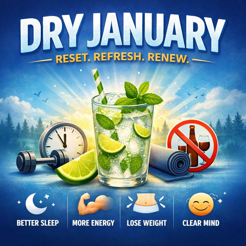 Dry January reset graphic with a non-alcoholic drink promoting better sleep, more energy weight loss